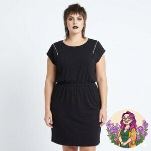 DKNY Black Mini Dress Zipper Shoulder Accents Elastic Waistband Edgy Punk XL